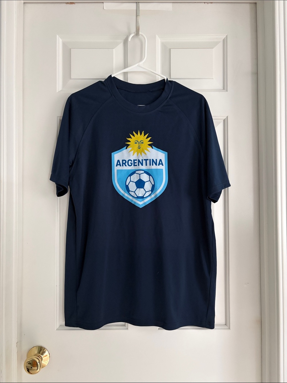 NWOT, Navy Argentina Soccer Tee with Yellow Sun Crest large